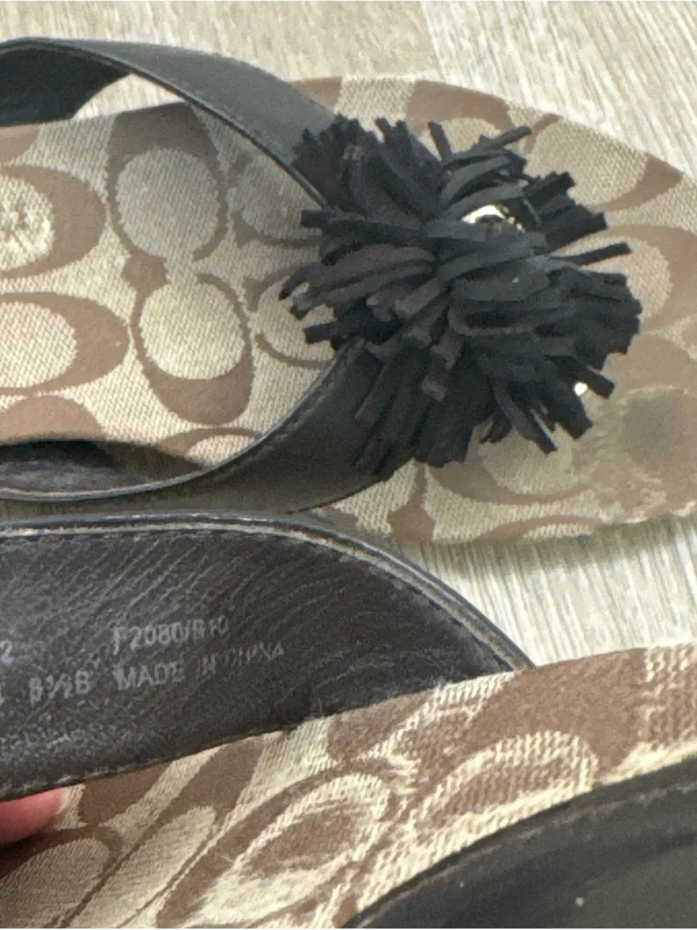Coach Tan Signature Monogram Slide Sandals with Black Flower Charm